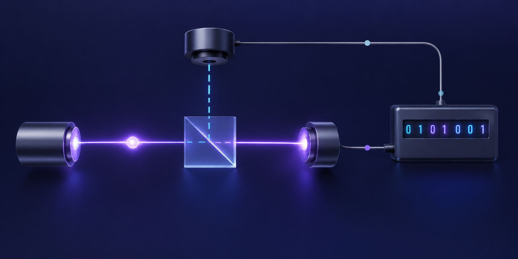 Photon source, beam splitter, two alternative detector paths and binary output